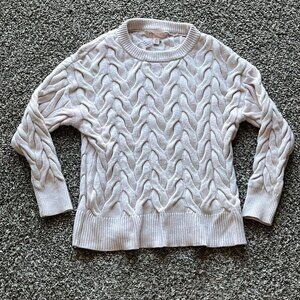 Cream/Baby Pink Small Cable Knit Sweater with Ribbed Neckline